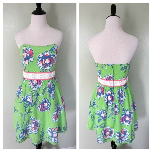 LILLY PULITZER Green Pink White Floral Dress Sz 2 - Picture 2 of 5